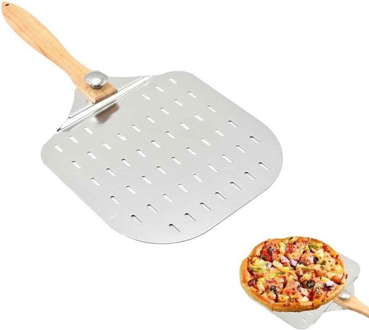 Pizza Schep - Pizzaspade spatel - Pizza Bakken - Houten handgreep - 63 x 31 cm - Zilver