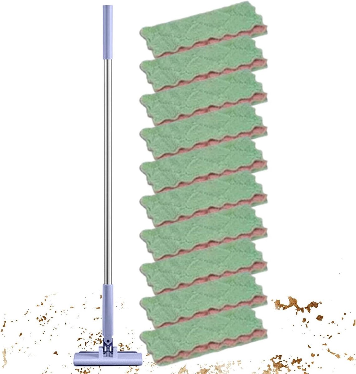 Mini Mop Set - Platte Dweil - Stof Vangen - Lange Steel - 10 Doeken - Wit Paars