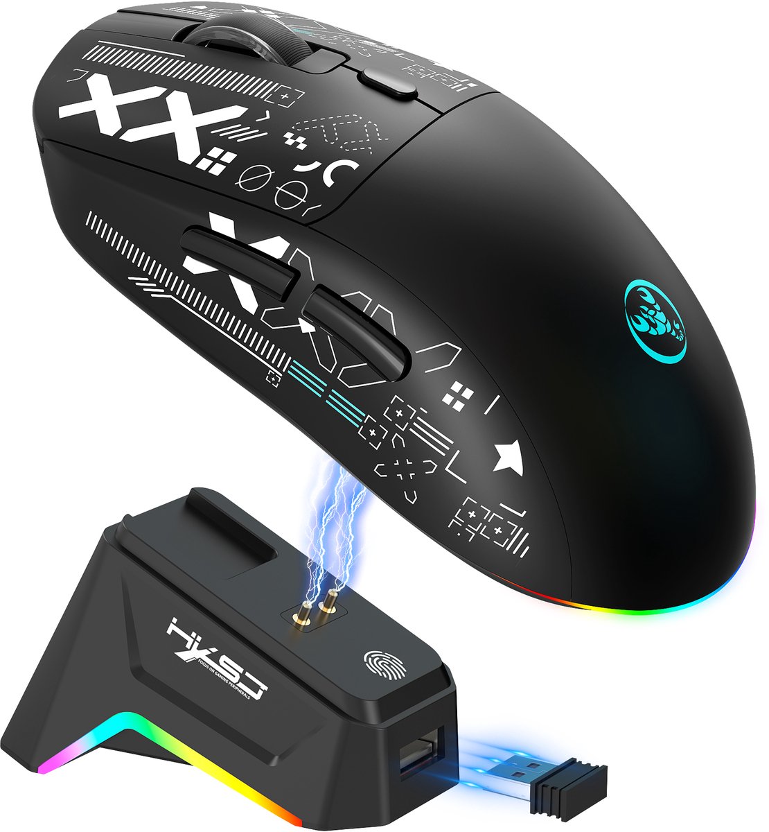HXSJ T90 PRO Draadloze Gaming Muis – Silent Clicks – RGB – Bluetooth 5.3 & 2.4G & Bedraad – 12000 DPI – Programmeerbare Knoppen – Oplaadbaar met Dock – Zwart