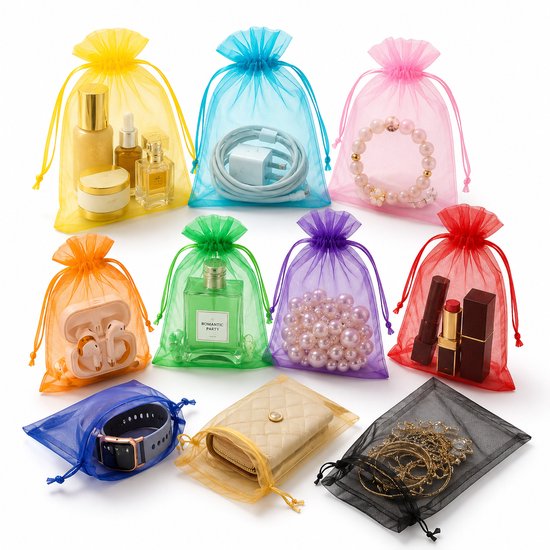 BOTC Organza zakjes - 60 stuks - 13 x 18 cm - gekleurde mix - cadeauzakjes organza stof - uitdeelzakjes - 12 Kleuren