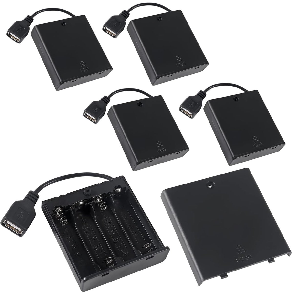 Dailygoods - 5 Stuks 4 AA Batterijhouder met USB Kabel en Aan/Uit Schakelaar