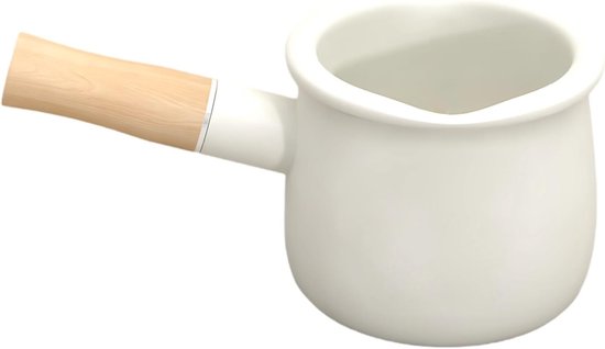 Kleine keramische melkpan met antiaanbaklaag, ideaal voor verwarmen van melk, boter en koffie, mini-emaillen pan met houten handvat en twee schenktuiten, perfect voor op het fornuis en in de keuken.