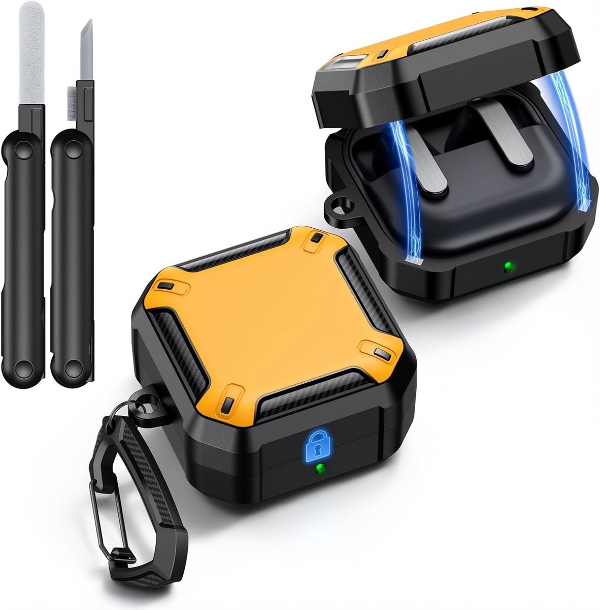 Beschermende Hoes voor Samsung Galaxy Buds 4 Pro en Galaxy Buds 4 - Schokbestendige Case met Sleutelhanger en Reinigingsset, Cyber Series, Geel