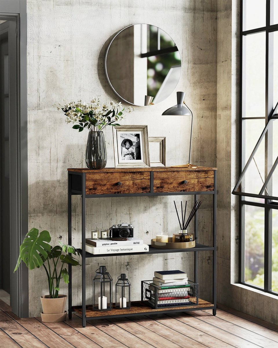 Questyr Consoletafel - bijzettafel met 2 stoffen lades - haltafel - woonkamer zwart