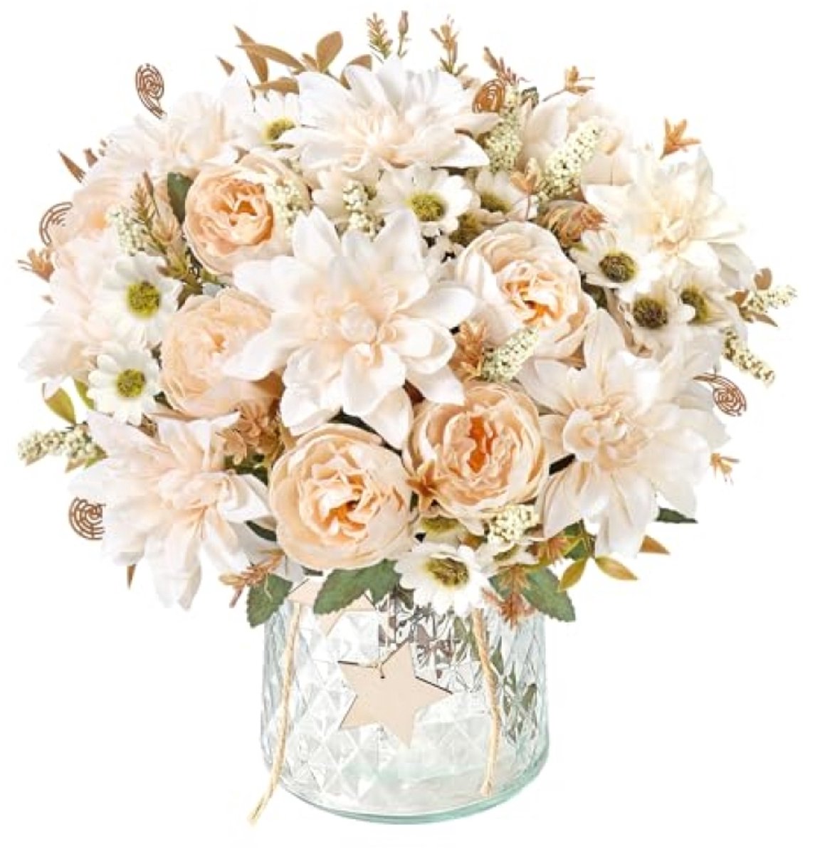 PromoHome 4 zijden dahlia- en pioenrozen boeketten - kunstbloemen met vaas - champagne, roze, oranje - voor bruiloft, tafelstuk, binnen en buiten - 31 cm hoog