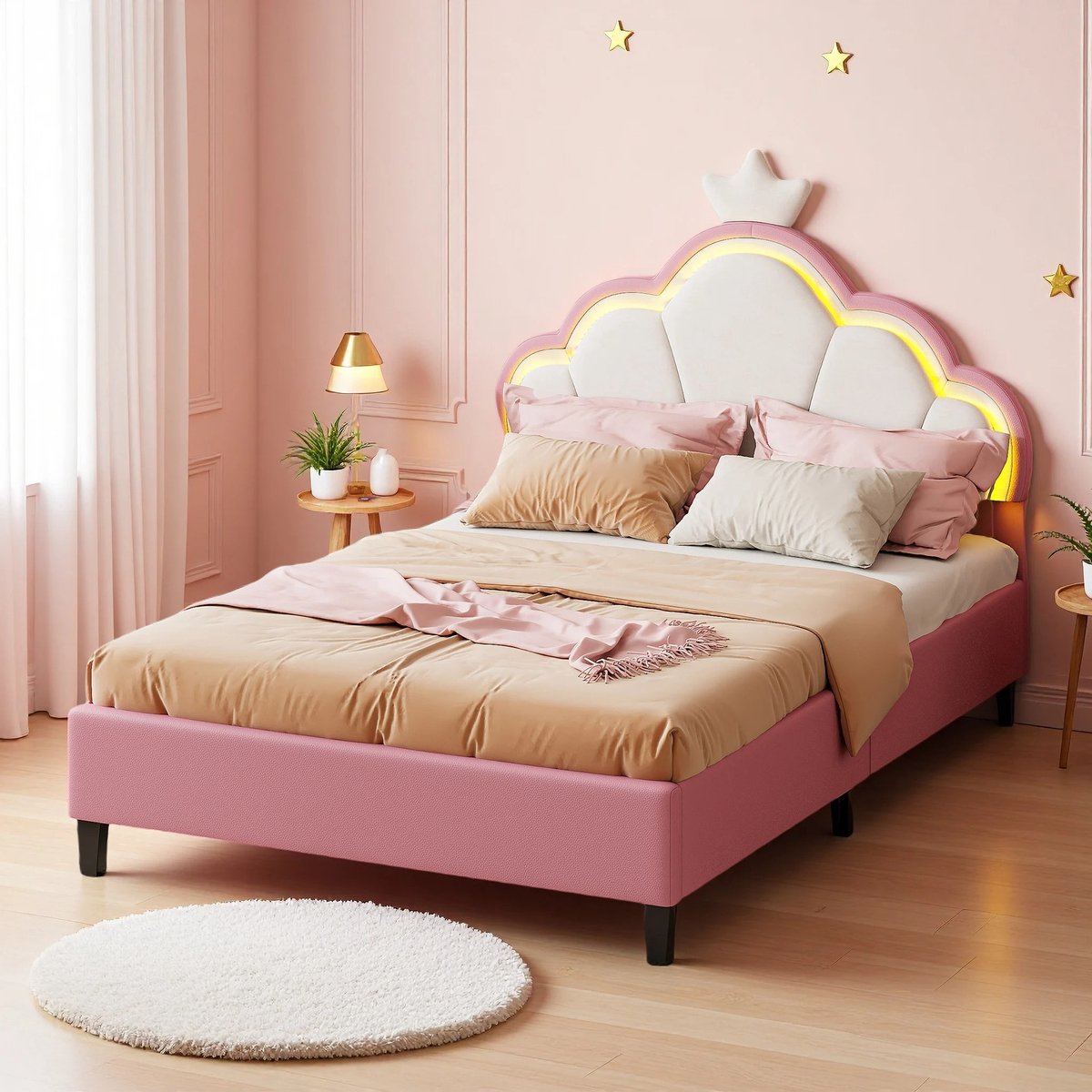 M Goods M-Goods - Kinderbed 90x200 cm met RGB LED Verlichting – Roze Prinsessenbed met Kroon Hoofdbord – Gestoffeerd Eenpersoonsbed met Lattenbodem – Kinderkamer Bedframe