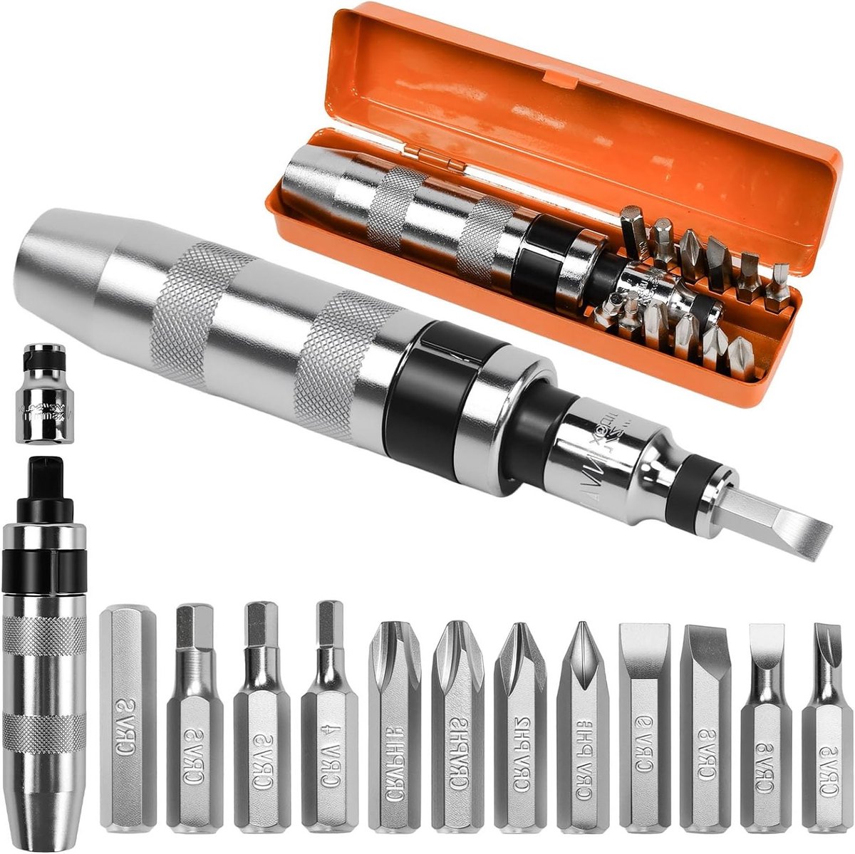 Complete set van 14 slagschroevendraaiers met 1/2 inch adapter en 12 bits voor diverse schroeftoepassingen