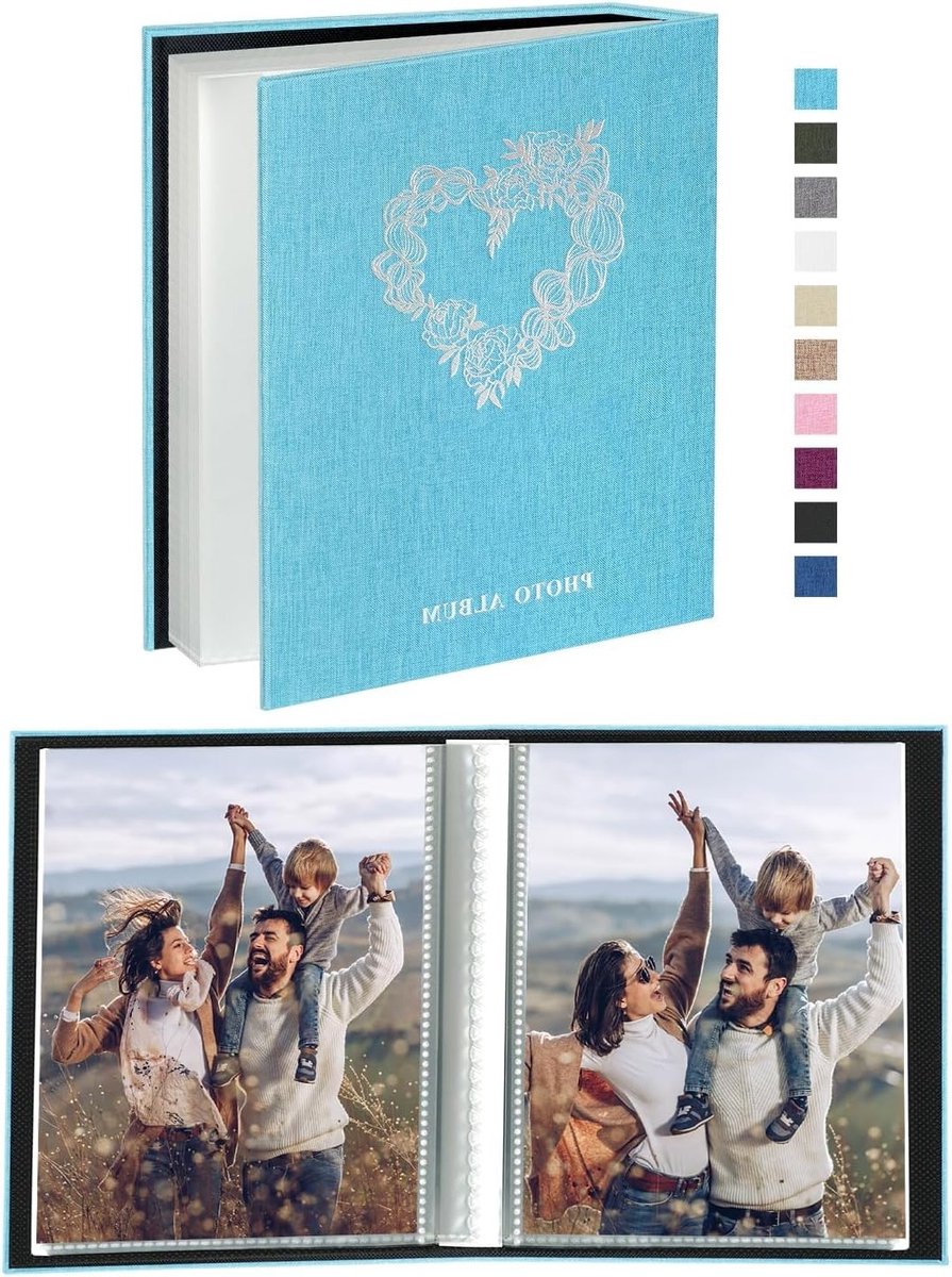 Klein Fotoalbum voor 100 Verticale Foto's in Linnen, Set van 2 Stuks, Geschikt voor 10x15 cm Afbeeldingen in Teal