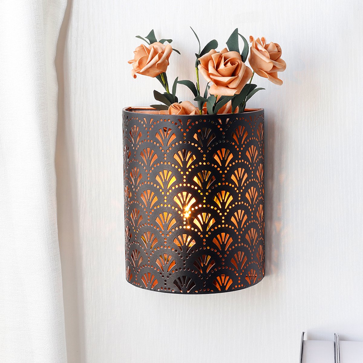 JHY DESIGN Metalen Wandlamp op Batterijen – 20 cm – Rustieke Wandverlichting met Bruin Waaierpatroon en 6-uurs Timer – voor Woonkamer Slaapkamer en Hal