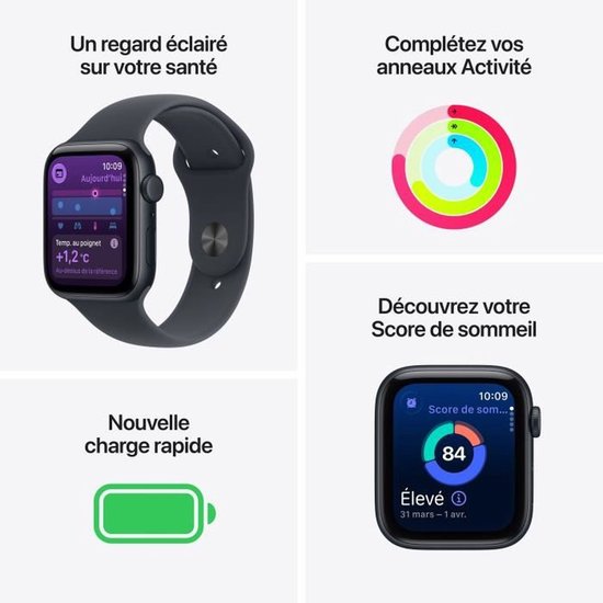 Apple Watch met gezondheidsscore, activiteitenringen en slaap score.