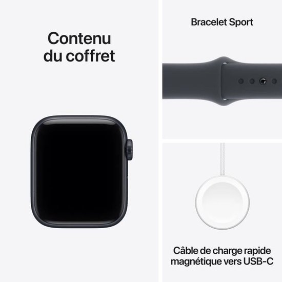 Apple Watch SE met sportband, snellaadkabel, inhoud verpakking.
