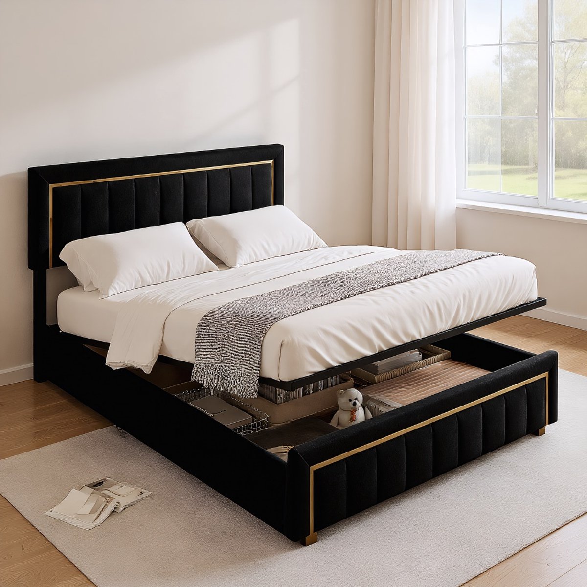 MEXUS Fluwelen Opbergbed 160x200 met Hydraulische Lift – Gestoffeerd Tweepersoonsbed met Gouden Details en Lattenbodem – Zwart – Zonder Matras