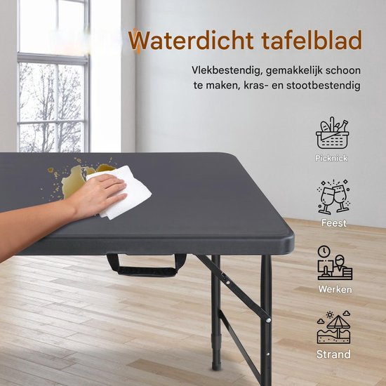 Klaptafel Opvouwbaar - Campingtafel Verstelbaar In Hoogte - Inklapbare Tafel Met Handgreep - Picknicktafel Heavy Duty Voor Binnen En Buiten Zwart 125x61 cm — afbeelding 4