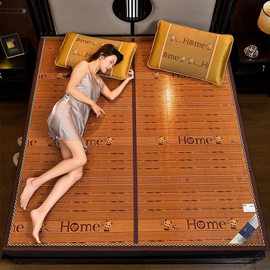 Foldable Double Sided Bamboo mat for Bed, Breathable Carbonized Bamboo Summer Sleeping Mat, Rattan Cooling mat, Folding Mattress Bamboo - Bedroom Essential for Summer Sleeping(with Pillowcas — afbeelding 3