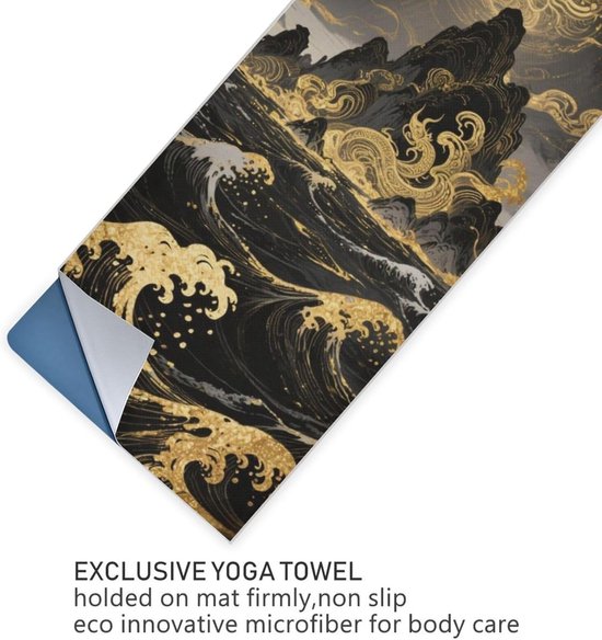 Yoga Handdoek - Mat Deken - Zweet Absorberen - Antislip Onderkant - 185 x 68 cm - Zwart Goud Golven — afbeelding 4