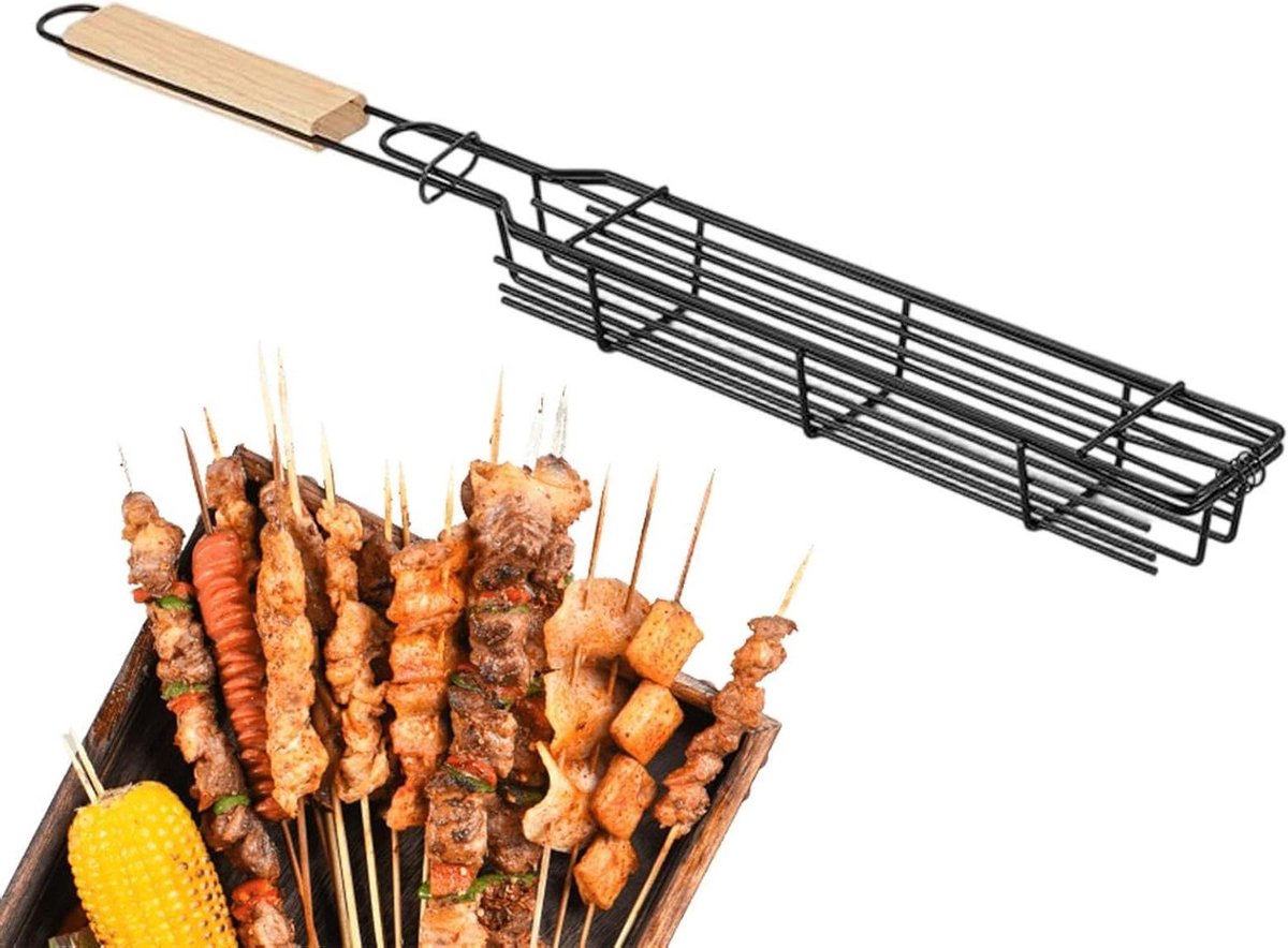 Grillmand Houder - Worst Klem - Buiten Koken - Dubbel Klemmechanisme - 51 cm Lengte - Zilver