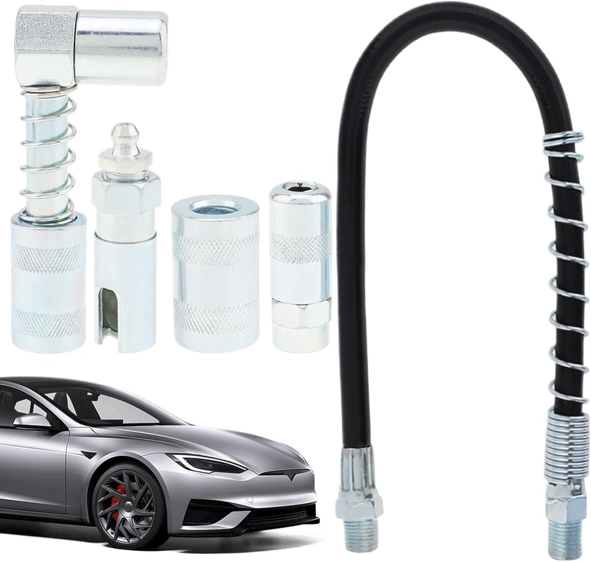 Vetspuit Accessoireset - Vetpistool Koppelingen - Voertuigonderhoud - Koolstofstaal Constructie - 5 Delig - Zilver