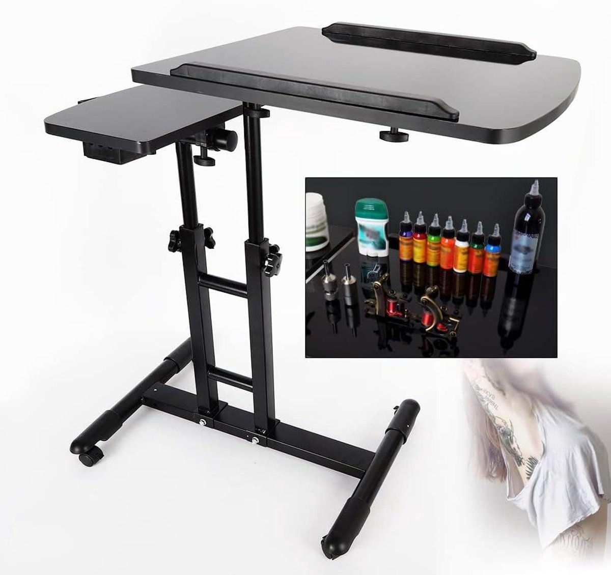 Werkstation Tafel - Verstelbare Armsteun - Mobiel Werken - Dubbel Tafelblad - 65-97 cm Hoogte - Geel