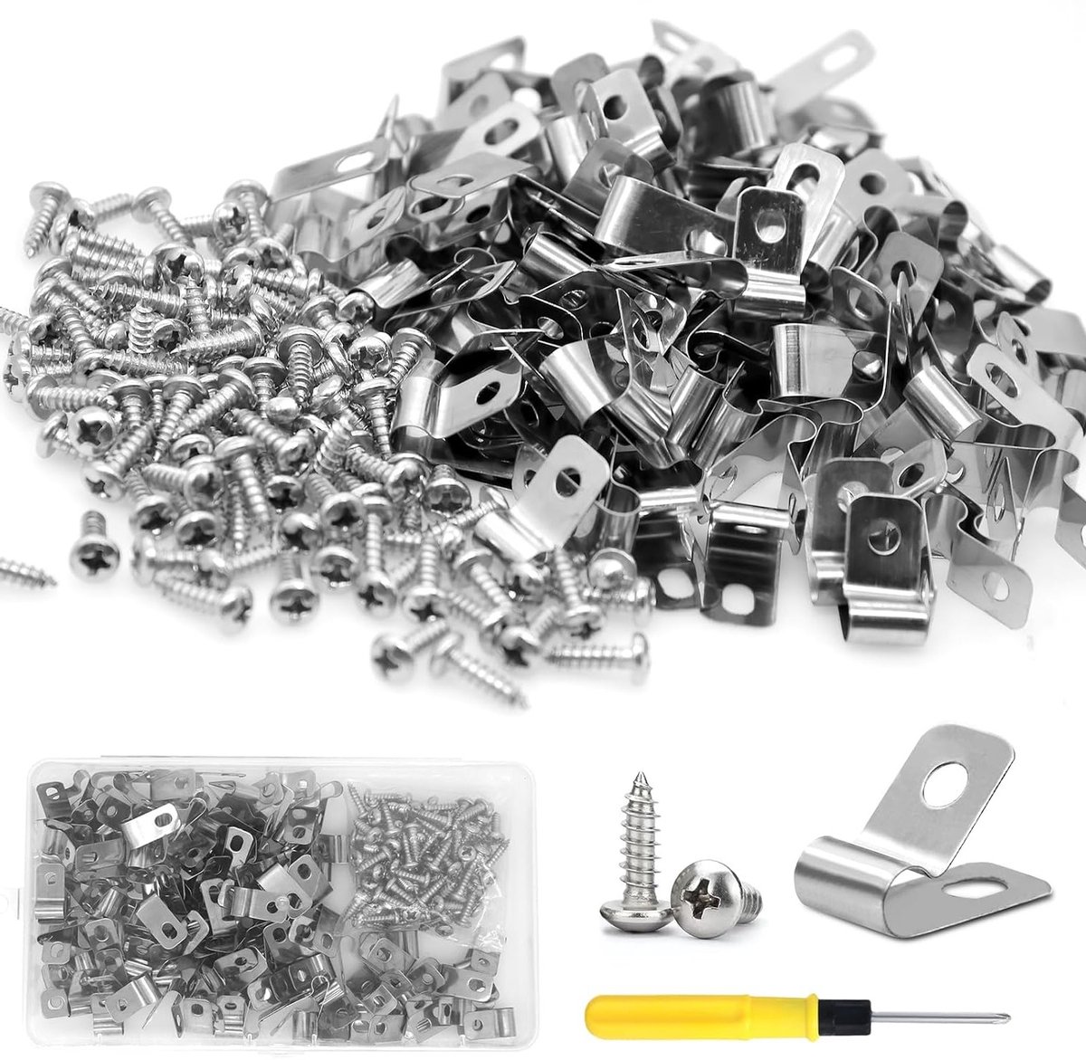 Set van 100 Schroefbare Kabelclips van 5 mm voor Kabelbeheer, Roestvrij Staal, Inclusief Schroeven en Schroevendraaier, Ideaal voor Organisatie en Bevestiging van Kabels