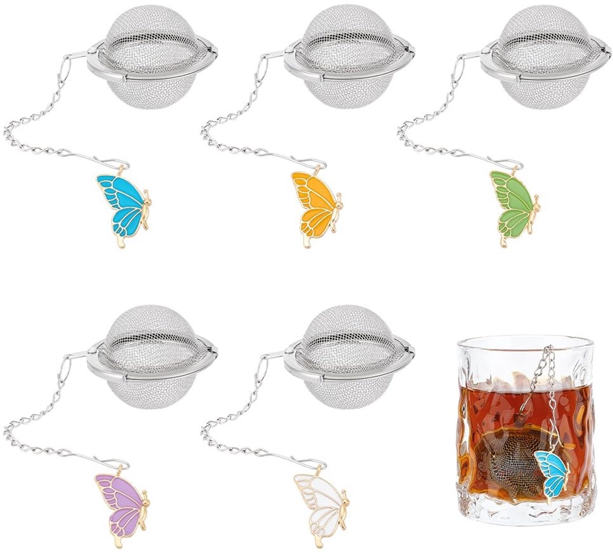 Dailygoods - Set van 5 Ronde RVS Thee Infusers met Vlinder Hanger