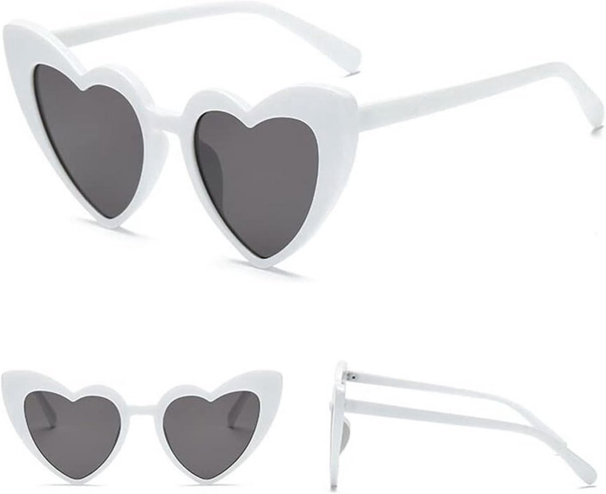 Okado Hartjes Zonnebril Wit – Festivalbril met Hartvormige Zwarte Glazen – Unisex Feestzonnebril voor Festival, Strand, Zomer, Carnaval, Themafeest en Verkleedlook