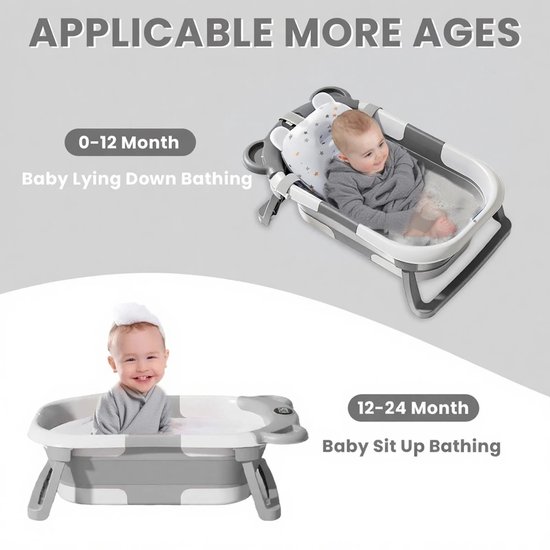 Joorly Baby Bad - Babybad - Voor Pasgeborenen - Met Thermometer - Drijvend Kussen - Draagbaar Reisbadje met Afvoergat - 67x42x21cm - Grijs — afbeelding 2