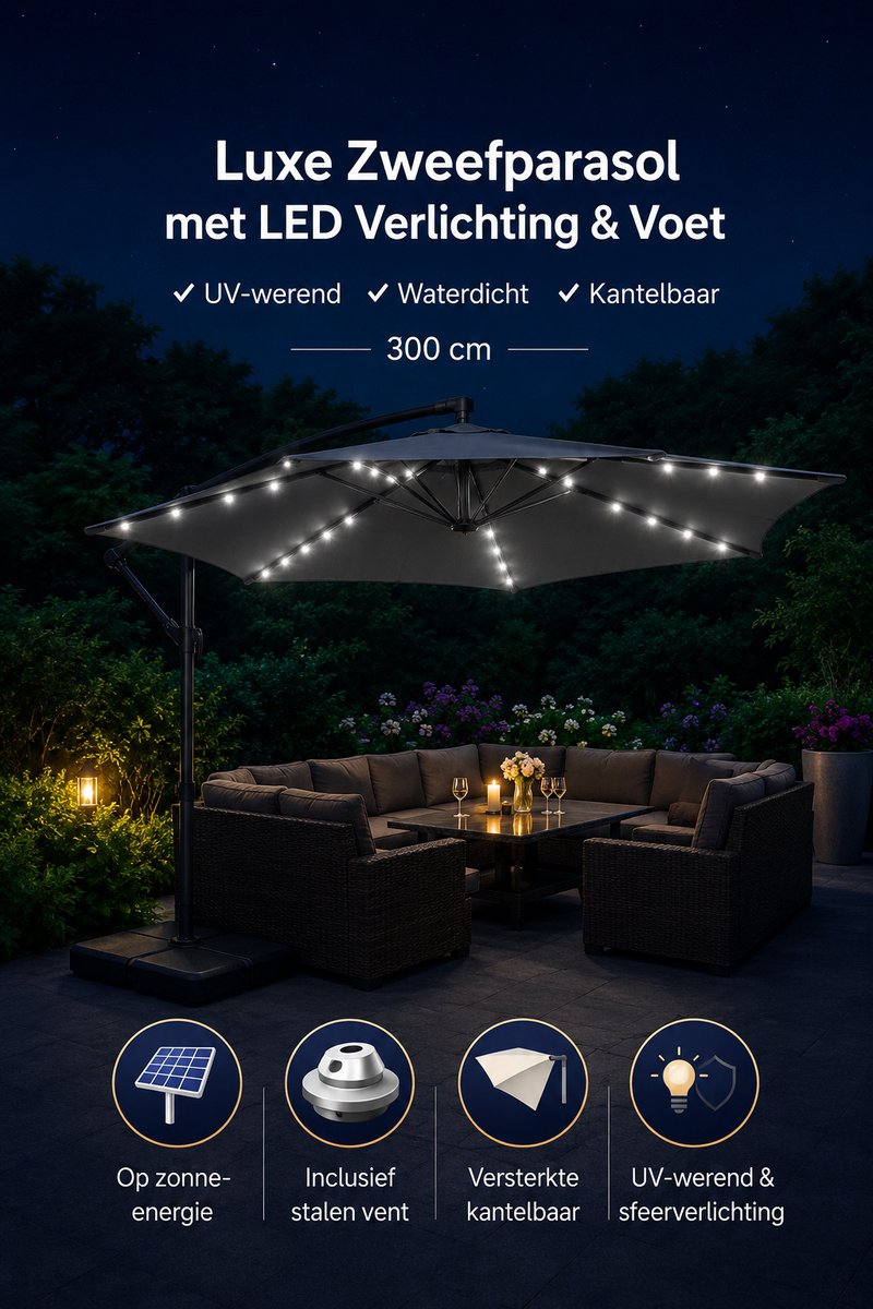 Jurrys Parasol - Zweefparasol - Schaduwdoek - Tuinparasol - Inclusief verlichting - Complete set - Polyester - Grijs - 300cm – foto 5