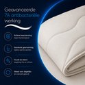 Detail van crème deken met quiltpatroon, met tekst over antibacteriële werking.