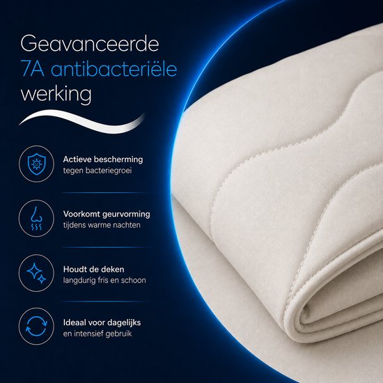 Detail van crème deken met quiltpatroon, met tekst over antibacteriële werking.