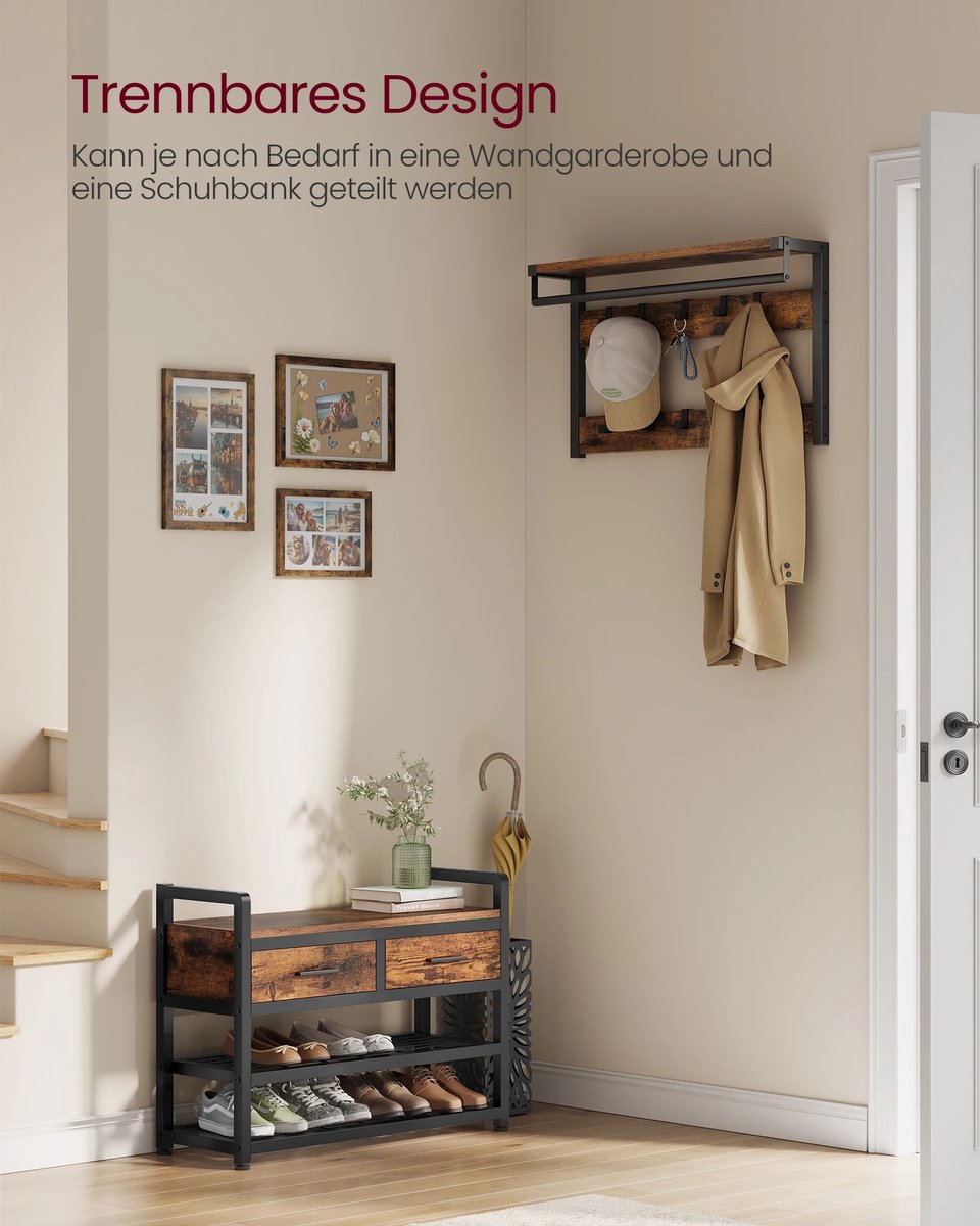 Joorly Kapstok met Schoenenkast - Kapstok met bank - Kledingrek - Schoenenrek - 9 haken - bovenste plank - voor hal - slaapkamer - industrieel design - vintage bruin - zwart – foto 2