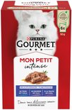 Verpakking Purina Gourmet Mon Petit Intense kattenvoer met witte kat, 6 x 50g met tonijn, zalm of forel in saus.