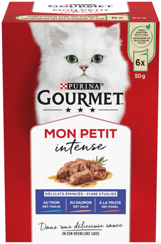 Verpakking Purina Gourmet Mon Petit Intense kattenvoer met witte kat, 6 x 50g met tonijn, zalm of forel in saus.
