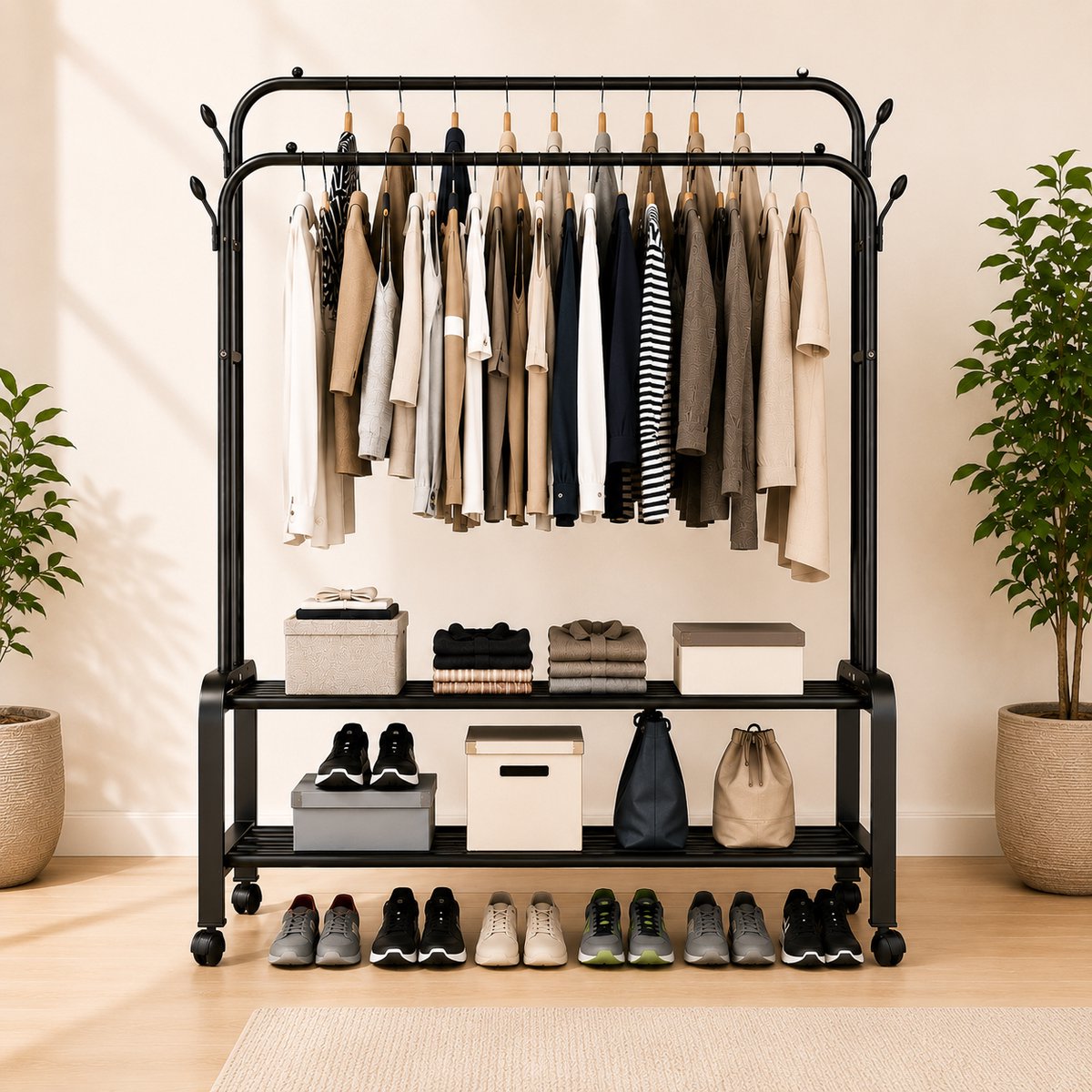 MeubelsvanJoep Industrieel Kledingrek op wielen - Metaal - 110x54x150 CM - Mat zwart poedercoating - Opbergruimte Voor Schoenen - Garderoberek Met Haken Model 3