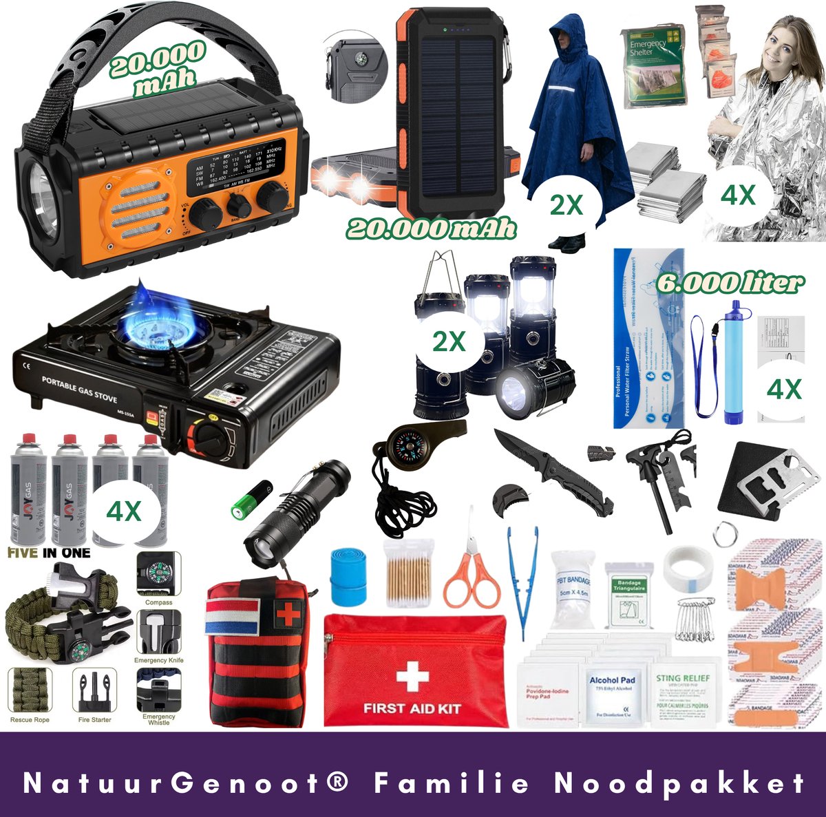 Compleet Gezin Noodpakket 72 Uur - Noodradio 20.000mAh Opwindbaar - Powerbank 20.000mAh Solar- Camping gasstel- Survival kit - Nooddeken - Noodfluitje - Waterfilter 6000 liter- Zaklamp-Lantaarn-Regen poncho- Gasstelletje noodpakket