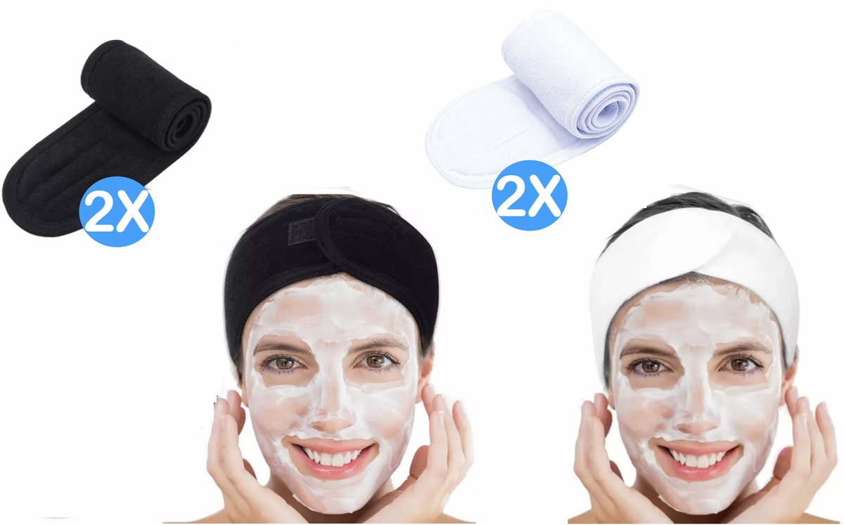 HiCHiCO™ Verstelbaar Badstof Hoofdband - Headband – Dames Haarband - Hairband - Make Up Stretch Handdoek Met Tap - Make-Up Accessoires – Badstoffen Bandeau – Schoonheidsspecialist – Haarband – Make up hairband - 2 STUKS Wit & 2STUKS Zwart