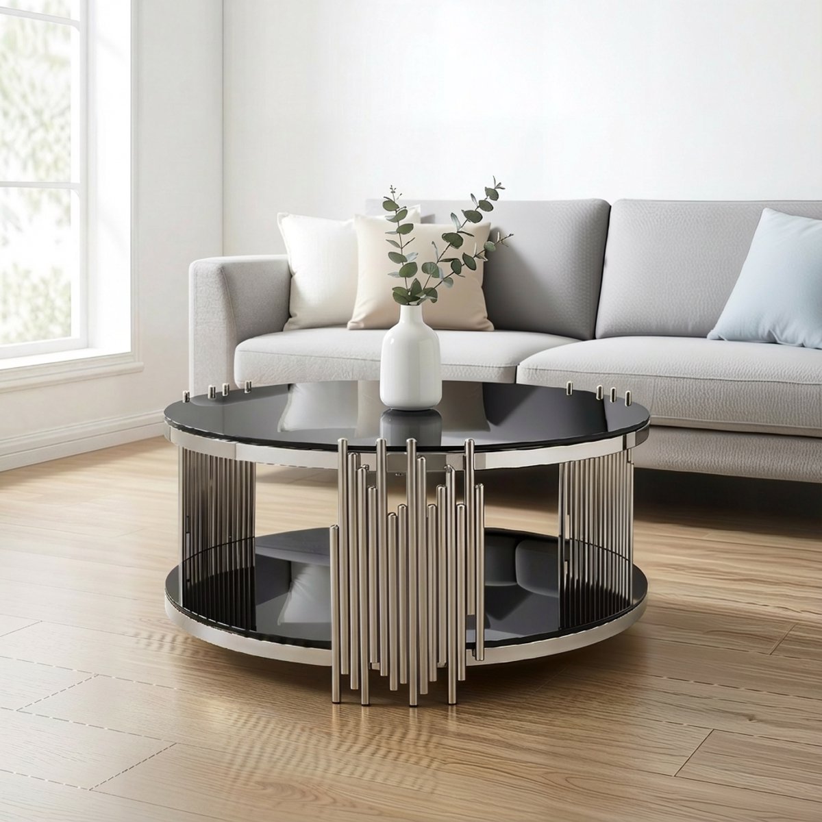 80 cm Moderne Salontafel van Zwart Glas — Luxe Glazen Bijzettafel met Twee Niveaus voor de Woonkamer — Ronde Zilverkleurige Stalen Voet — Een Rond Blikvangend Meubelstuk voor Woon-, Thuis- of Kantoorruimtes