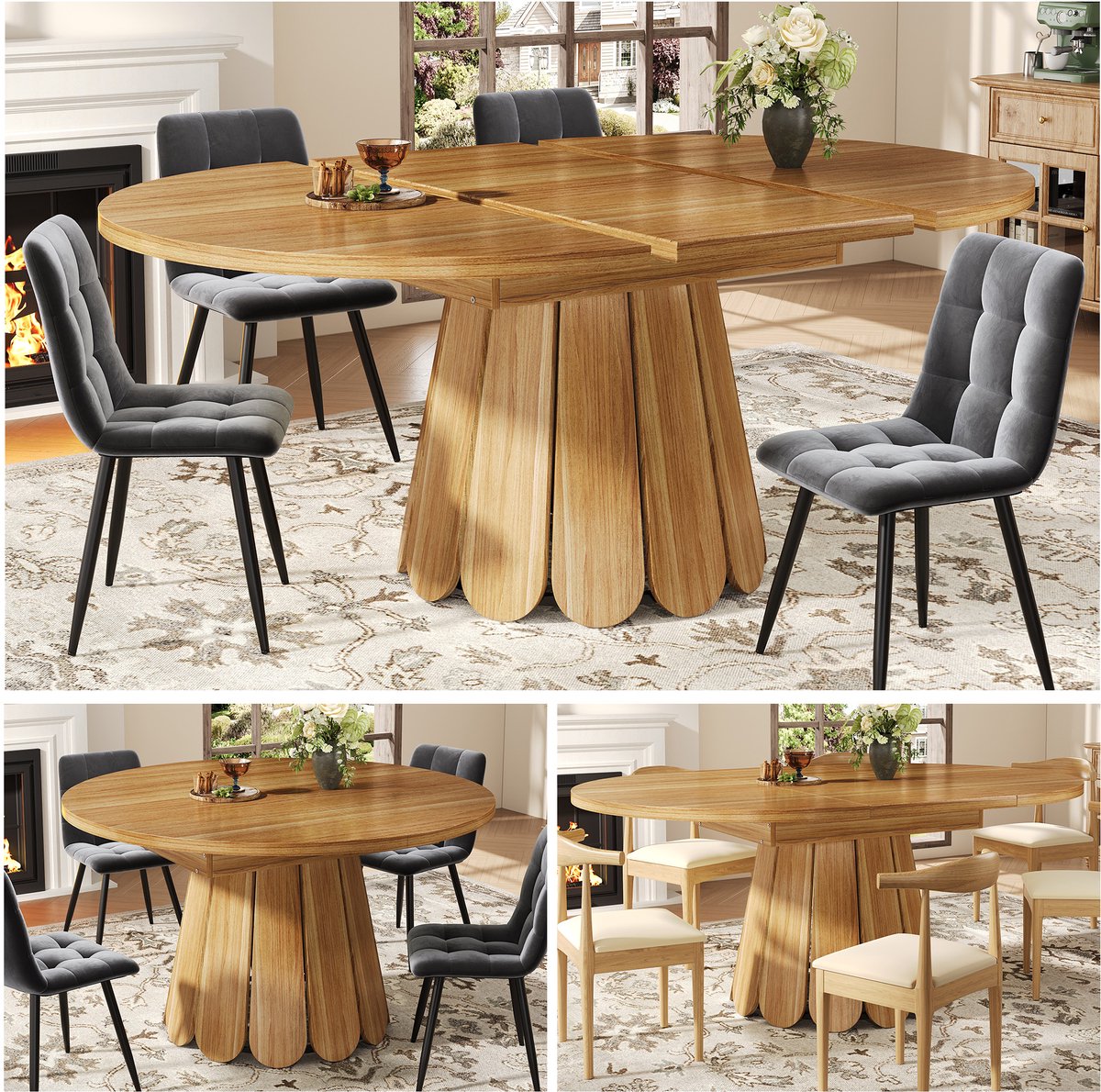Telescopische Eettafel, Uitschuifbare Eettafel, Eetkamertafel, Keukentafel, Balkontafel, Houten Eettafel - Ronde Eettafel, Uitschuifbaar tot Ovaal, 118-158 cm, Biedt Plaats aan Maximaal 6 Personen-Brown