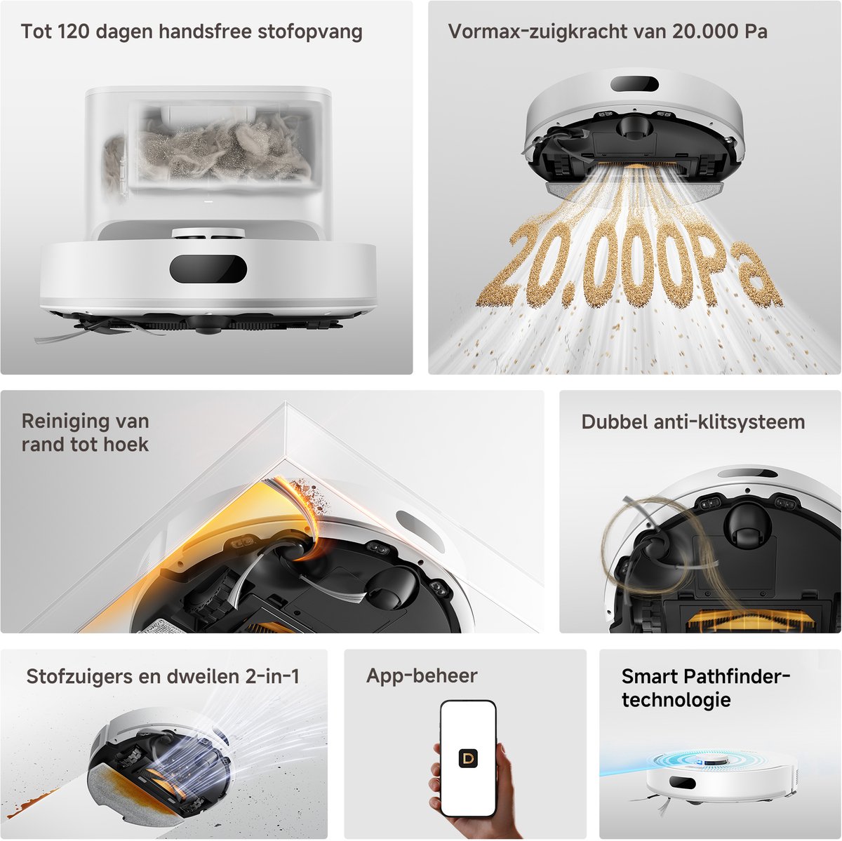 Dreame Robotstofzuiger D20 Air Plus Wit | Dweilfunctie | 20.000 Pa zuigkracht | 120 dagen handsfree | Dubbel anti-klitsysteem | Automatisch legen | Huisdieren | Grote stofzak | Meerdere verdiepingen | App bediening | 3D Mapping | Verboden zones | — afbeelding 5