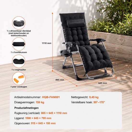 Sello! relaxstoel - tuinstoel - campingstoel - camping - voetensteun - kussen - bekerhouder - verstelbaar 90°-170° - opvouwbaar — afbeelding 3