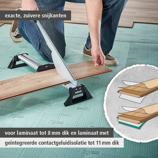 Laminaten snijder voor laminaat tot 8 mm dik en met geluidsisolatie tot 11 mm dik.