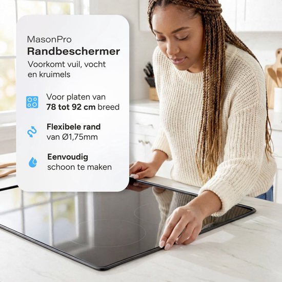 MasonPro Inductie Randbeschermer - Beschermt Tegen Vuil, Kruimels & Vocht - Geschikt voor Gasfornuis & Keramische Kookplaat - Kookplaat Beschermer - Inductieplaat Beschermer - Verstelbaar van 78 tot 92 cm breed (rekbaar) (Dikte Ø 1,75 mm)