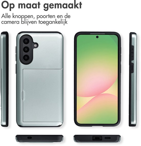 Groene telefoonhoes, van voren, achterkant en zijkanten, met camera-uitsparing en vakje.