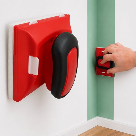 Rode verfkantensnijder met zwarte handgreep op witte muur naast een groene gestreepte muur; een andere tool wordt in de groene hoek gebruikt.