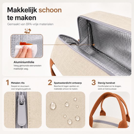 Beige koeltas van textiel met bruine handvatten. Binnenkant met aluminiumfolie.