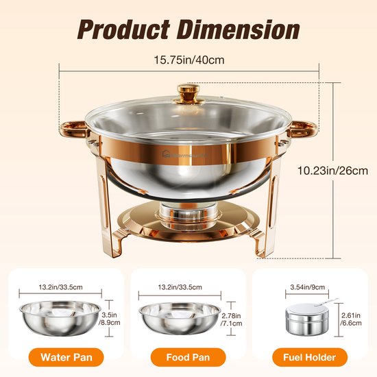 Warmounts Chafing Dish Set 4 stuks - 5QT Roestvrijstalen Buffetwarmer Rond Roségoud met Glazen Deksel & Dekselhouder - Stapelbare Party- en Cateringoplossing — afbeelding 5