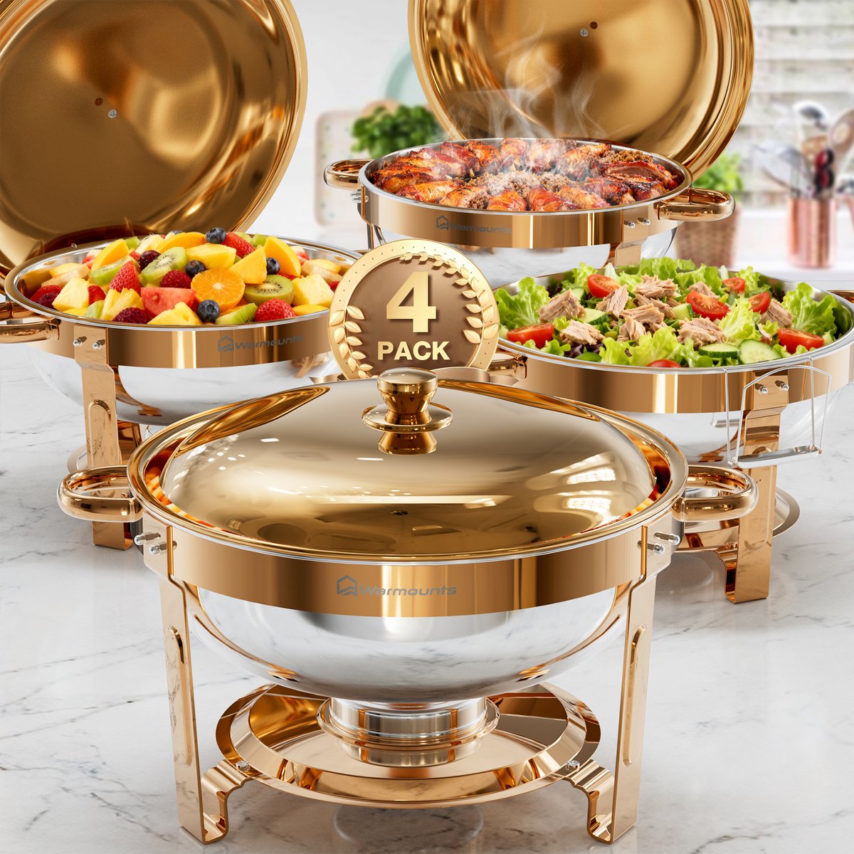 WARMOUNTS 4-delige Ronde 5QT Chafing Dish Set in Roségoud – RVS Buffetwarmer, Stapelbaar met Dekselhouder, Ideaal voor Catering, Feestjes en Bruiloften