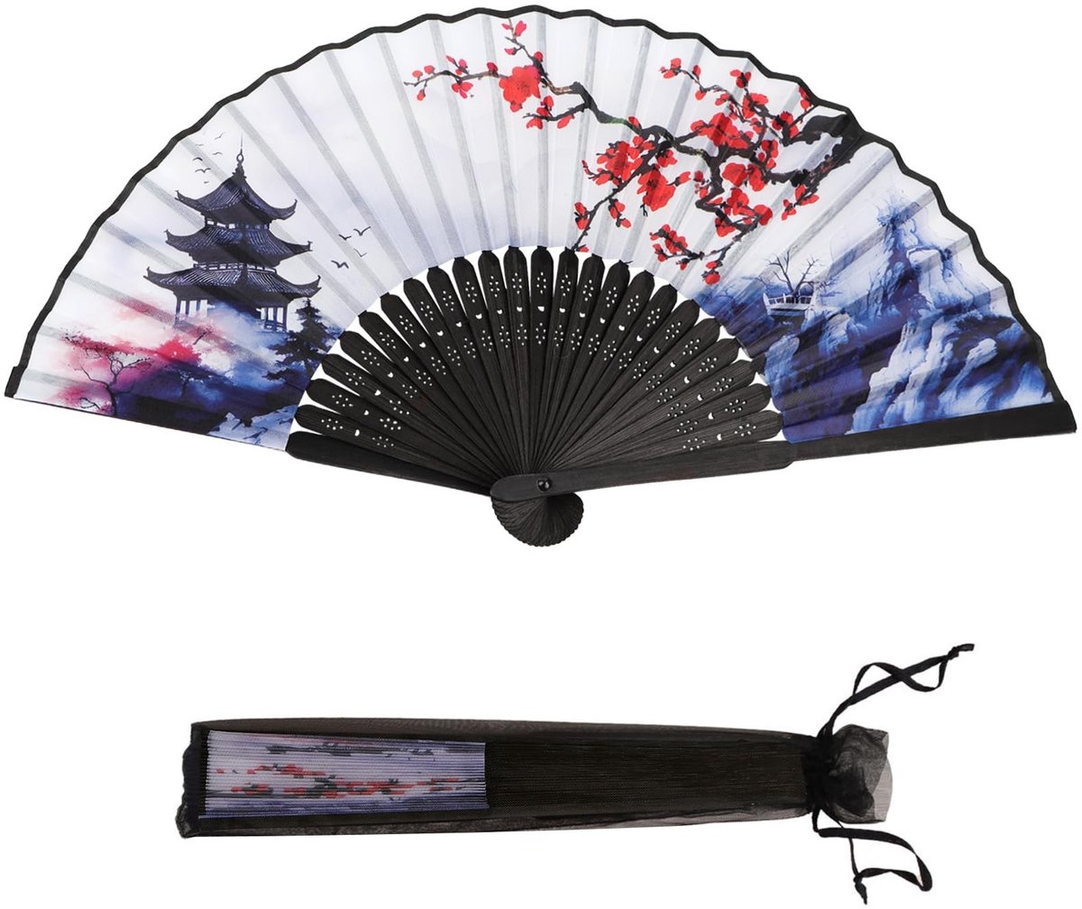 Dailygoods - Opvouwbare Ventilator - Handventilator voor Feesten - Bamboe en Stof - Zwart met Bloemenprints - Cosplay en Bruiloft - Decoratie