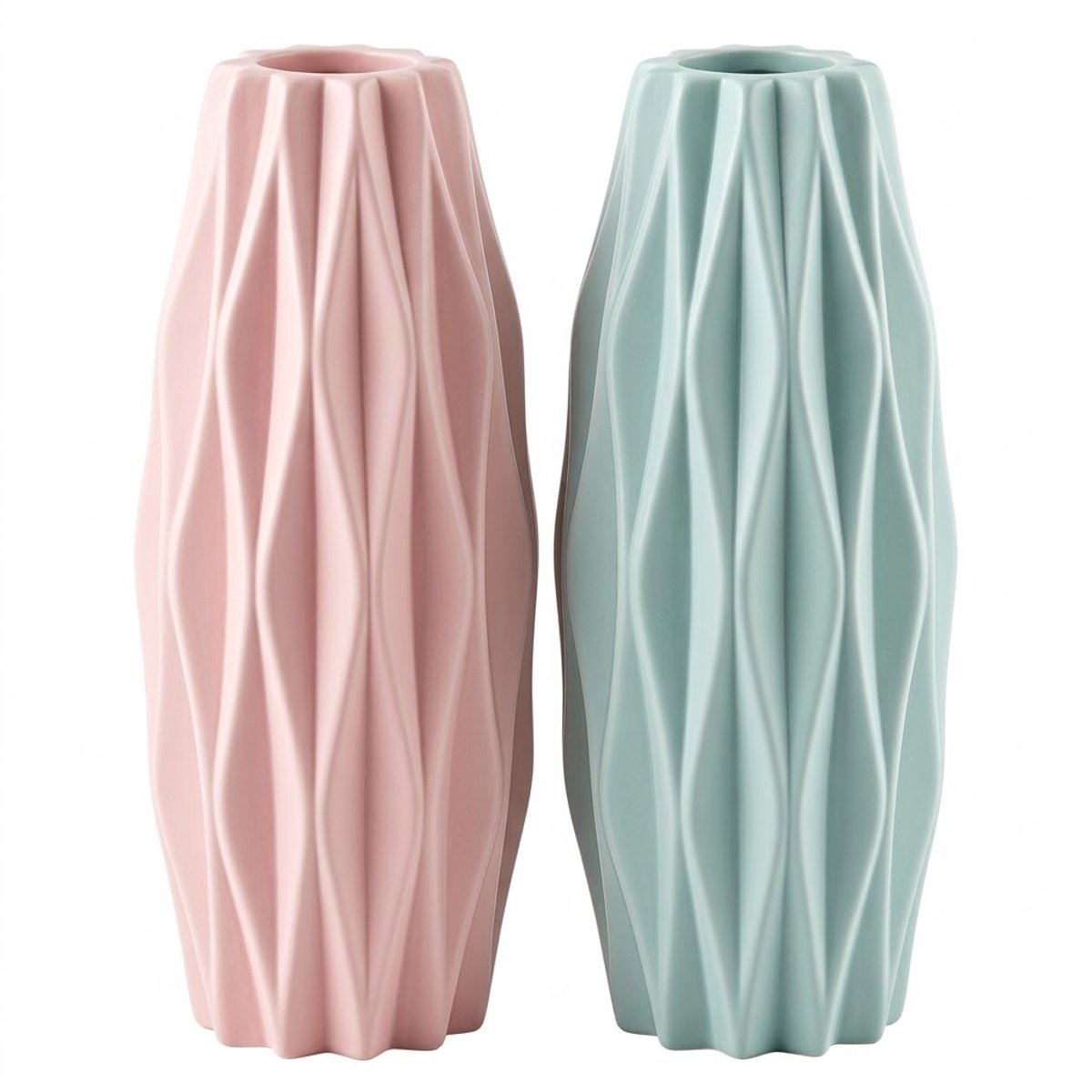 NUVEX Blauw en roze vazen set kunststof met reliëf structuur – 2 stuks smalle hoge bloemen vazen met keramiek look voor interieur decoratie woonkamer en eettafel