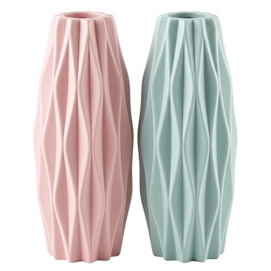 Blauw en roze vazen set kunststof met reliëf structuur – 2 stuks smalle hoge bloemen vazen met keramiek look voor interieur decoratie woonkamer en eettafel