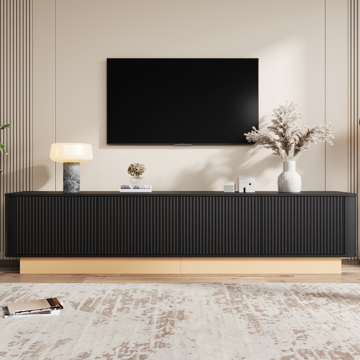 MODFU - Tv-Meubel - Geribbelde Deuren - Verstelbare Planken - Moderne Stijl - Woonkamer - MDF - Zwart - 200 x 40 x 47,5 cm